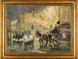 an oil painting of a horse drawn carriage on a city street