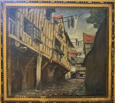 an oil painting of a street scene with clothes hanging on a line
