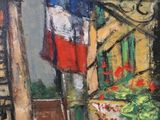 an oil painting of a street scene with buildings and a clock tower