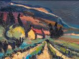 an oil painting of a country road with houses in the distance