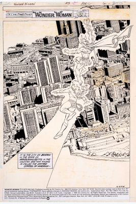 une image tirée d'une bande dessinée représentant une femme survolant une ville
