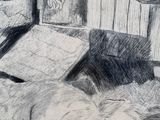 pencil drawing of a dog laying on the ground in front of a window
