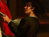 a painting of a man in a black hat holding a silver spoon