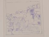 drawing of a cityscape with buildings and trees in the background