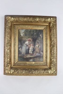 painting of a woman and two children in a boat on a lake