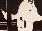 a drawing of a ghost standing next to a street sign