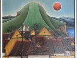 a painting of a red ball in the sky over a town