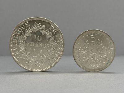 a close up of two coins on a table with a gray background