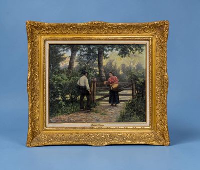 tableau représentant deux hommes assis sur un banc dans un parc
