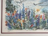a picture of a painting of a bird flying over a field of flowers