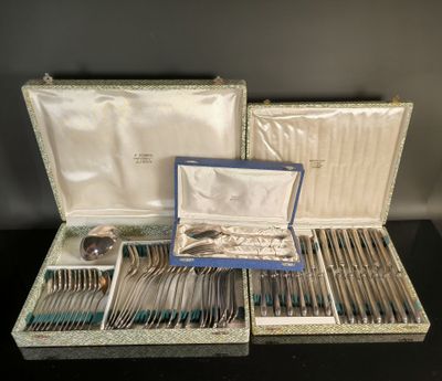 an assortment of silverware in a case on a table