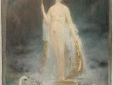 an image of a painting of a woman on a boat with swans