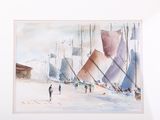 a watercolor painting of people walking in the snow