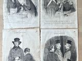 quatre gravures anciennes représentant des hommes en haut-de-forme et en frac, assis sur une table