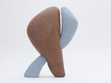 un objet marron et bleu posé sur une surface blanche