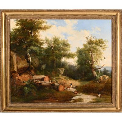 a painting of a wooded landscape with a stream and a man on a rock