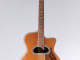 an acoustic guitar hanging from a string on a white background