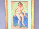 a painting of a nude woman sitting on a blue chair