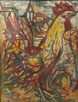 an oil painting of a rooster standing in front of a building
