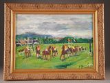 an oil painting of a group of people riding horses in a field