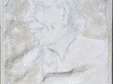 tableau représentant un homme coiffé d'un chapeau, assis sur un mur de pierre