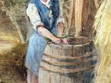 an oil painting of a woman standing next to a barrel filled with hay