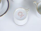 three cups and saucers sitting on a white table