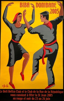 french poster of two dancers performing a dance in front of a yellow background