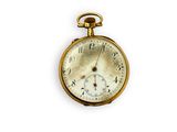 a gold pocket watch with roman numerals on the face