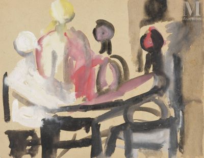 un tableau représentant des personnes assises à une table dans une pièce
