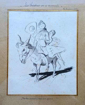dessin représentant un homme à dos d'âne avec un enfant sur le dos