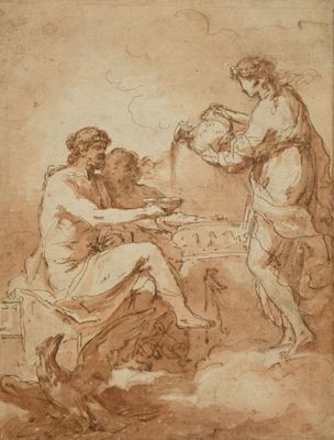un dessin représentant deux hommes et une femme dans un paysage