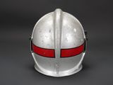 a close up of a helmet with a red stripe on it