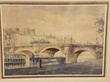 a picture of a painting of a bridge over a river
