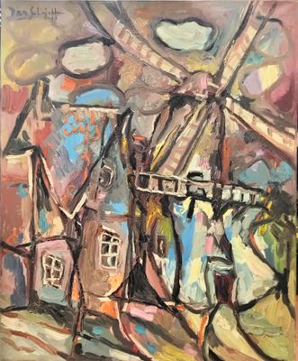 a painting of a windmill and a building with a sky background