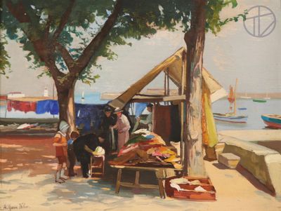 un tableau représentant un homme assis sous un arbre sur la plage
