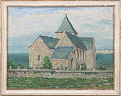 an oil painting of a church with a steeple and a steeple on the roof