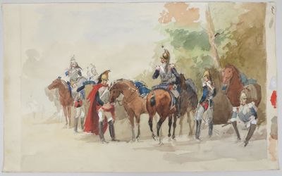 a painting of a group of people riding horses