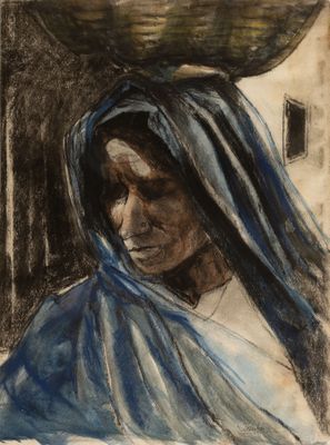 une image représentant un tableau d'une femme portant un panier sur la tête