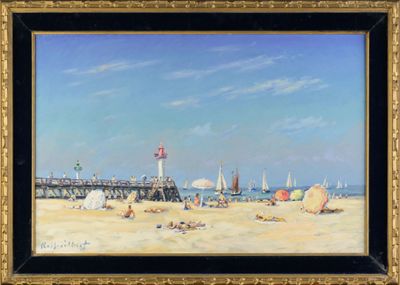an oil painting of a beach scene with sailboats and a pier