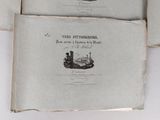 three pages of a book with a drawing of a castle on it