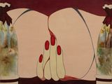 un tableau représentant deux poires dans un vase posé sur une table