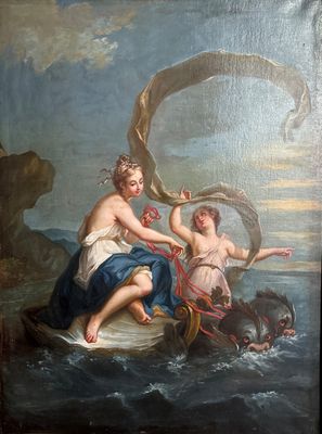 painting of two women sitting on a shell in a body of water