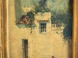 painting of a man sitting in front of a house with a dog