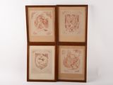 three framed drawings of a woman and a man on a white background