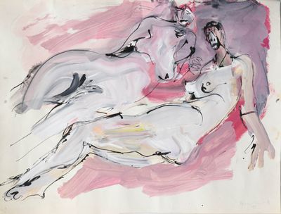 a painting of two nudes on a pink background