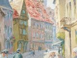 peinture d'une scène de rue avec des personnes marchant dans la rue