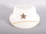 white sailor hat with a star on the front and a ribbon around the brim of the hat