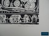 a black and white drawing of an elephant and a man