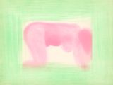 an abstract painting of a pink elephant in a green frame